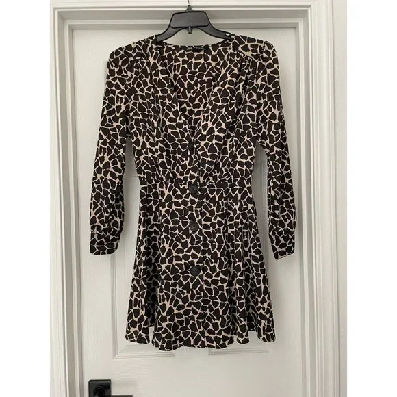 Zara | Dresses | Zara Brown Giraffe Animal Print Full Button Down Dress V  Neck Size Xs